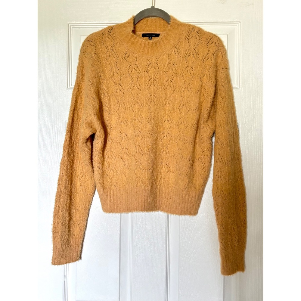 Love Tree Mustard Yellow Eyelash Knit Pointelle Diamond Sweater Medium